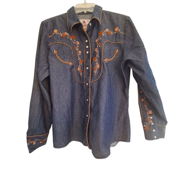 Blue Denim Western Rodeo Shirt with Embroidered Flowers Pearl Snaps Women's XL - Picture 1 of 16